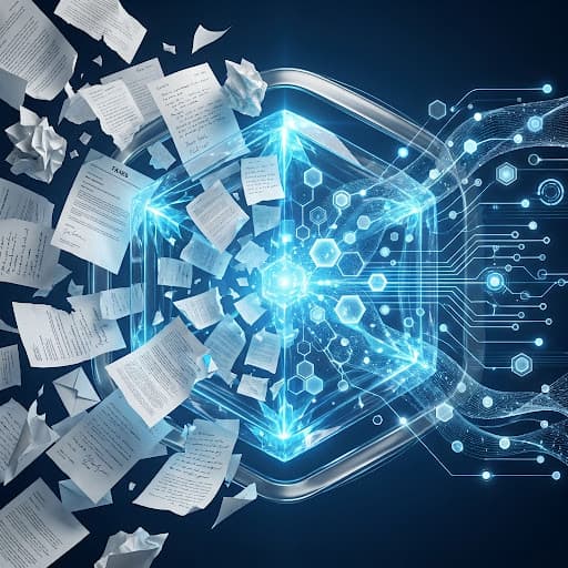 AI data ingestion visualization of documents flowing into a glowing crystalline core connected to a circuit network